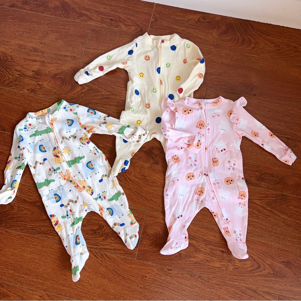 Old Navy Newborn Zip-Up Sleepers – Set of 3 | Cute Prints）COTTON